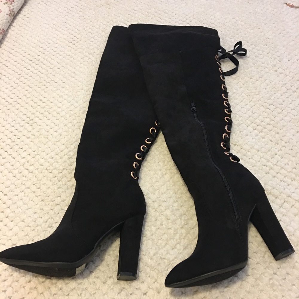 Charlotte Russe Black Over-the-Knee Lace-Up Heel Boots